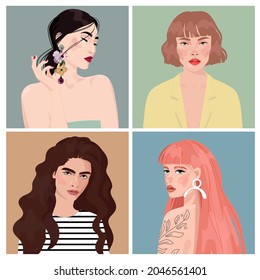 Set of portraits of women of different gender and age. Diversity.  flat illustration. Avatar for a social network. 