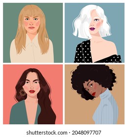 Set Of Portraits Of Women Of Different Gender And Age. Diversity.  Flat Illustration. Avatar For A Social Network. 