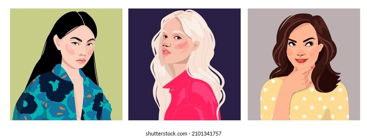 Set of portraits of women of different gender and age. Diversity. Vector flat illustration. Avatar for a social network.  Vector flat illustration