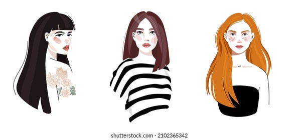 Set of portraits of women of different gender and age. Diversity. Vector flat illustration. Avatar for a social network.