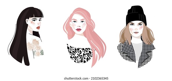 Conjunto de retratos de mujeres de diferentes géneros y edades. Diversidad. Ilustración plana vectorial. Avatar para una red social.