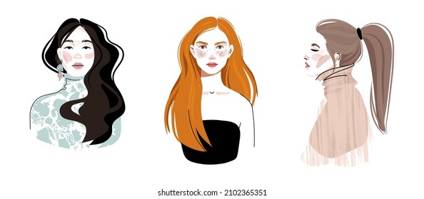 Set of portraits of women of different gender and age. Diversity. Vector flat illustration. Avatar for a social network.