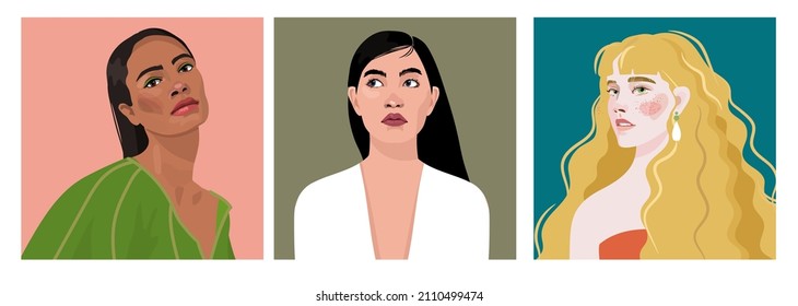 Set of portraits of women of different gender and age. Diversity. Vector flat illustration. Avatar for a social network.  Vector flat illustration svg