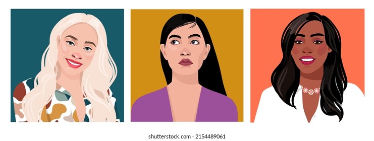 Conjunto de retratos de mujeres de diferentes géneros y edades. Diversidad. Ilustración plana vectorial. Avatar para una red social. Ilustración plana del vector