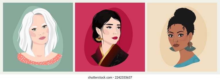 Set of portraits of women of different gender. Vector flat illustration. Avatar for a social network.  Vector flat illustration