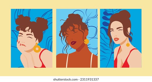 Conjunto de retratos de mujeres de diferentes géneros y edades. Diversidad. Ilustración plana vectorial. Avatar para una red social. Ilustración plana del vector