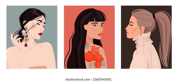 Set of portraits of women of different gender and age. Diversity. Vector flat illustration. Avatar for a social network.  Vector flat illustration