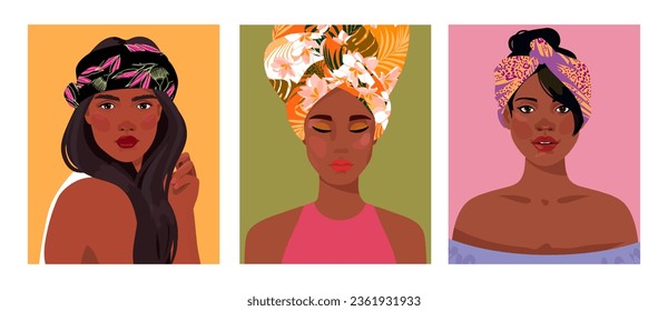 Set of portraits of women of different gender and age 
with turbans , bandages, headscarves. Diversity. Vector flat illustration. Avatar for a social network. 