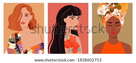  Set of portraits of women of different gender and age. Diversity. Vector flat illustration. Avatar for a social network.  Vector flat illustration