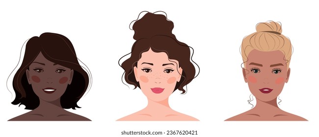 Set of portraits of women with different hair. Diversity of skin colors. Vector illustration. Avatar for a social network. Vector flat illustration, web, design, beauty, make up and social media.	