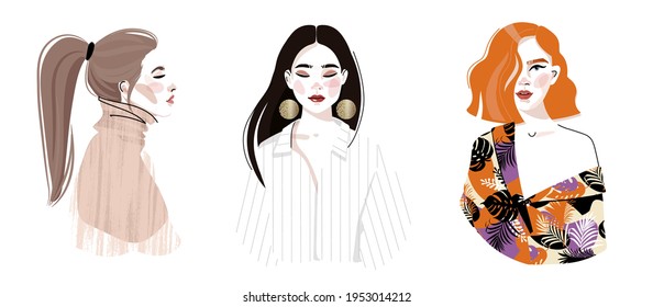 Set of portraits of women of different race gender and age. Diversity. Vector flat illustration. Avatar for a social network.  Vector flat illustration