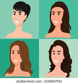 Set of portraits women. Female characters on color background. Vector flat cartoon illustration.