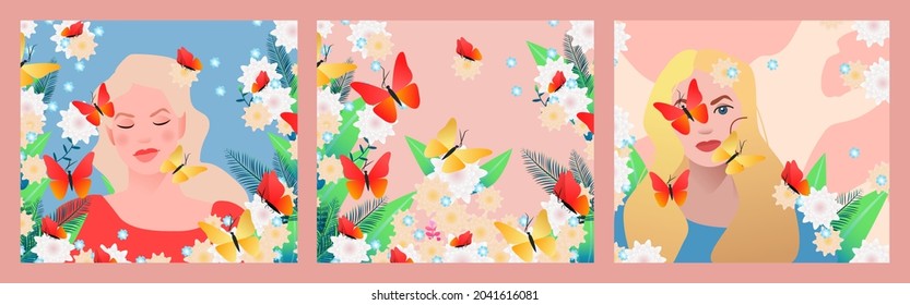 Set of portraits of women in flowers and butterflies. Blond beautiful girls. Vector flat illustration. Editable vector illustration design