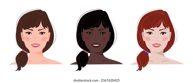 Set of portraits of women with ponytail hair. Diversity of skin colors. Vector illustration. Avatar for a social network. Vector flat illustration, web, design, beauty, make up and social media.	