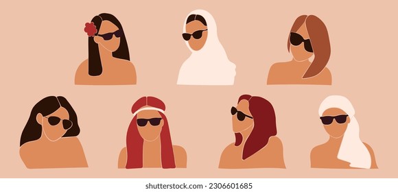Set with portraits of women in sunglasses in different looks. Faceless vector illustration. EPS 10