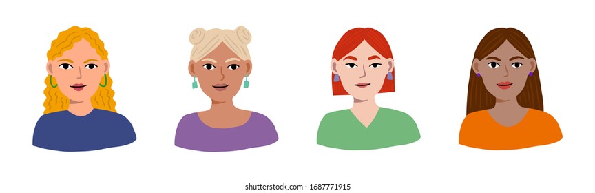 Set of portraits of young beautiful women of different races, hair color. Female avatar design for social media, profile pictures. Diversity concept. Flat stock vector illustration in modern style