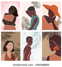 A set of portraits of a young man, a girl, a woman, a gender, not binary, with short beautiful hair, dark-skinned in profile against a background of palm leaves. Contemporary minimalistic art poster. 