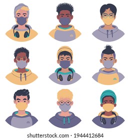 A set of portraits of young men wearing face masks.