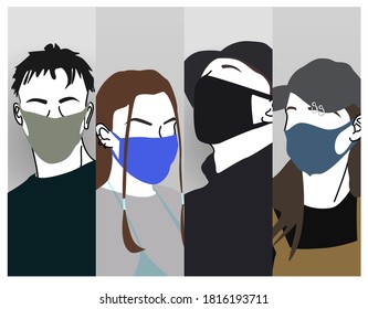 Set of portraits of young men and women in medical masks. Flat style vector.