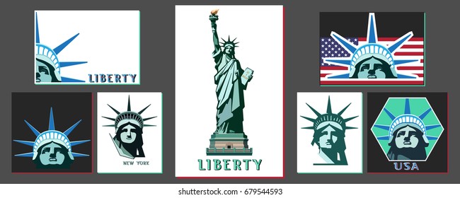 Set. Portrait,Statue of Liberty USA.Green,blue elements for infographics on a white background.New York.Download the banner.Street Business Poster Black red National Symbol of America.logo
