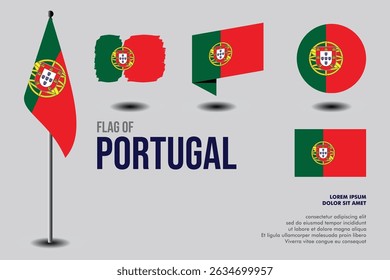 Set of Portugal flag in 5 designs: flag on pole, brush stroke, skew, round and standard. vector, flat, isolated on grey background. Perfect for various design projects