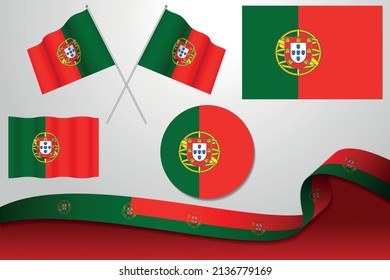 Set Of Portugal Flags In Different Designs, Icon, Flaying Flags With ribbon With Background.