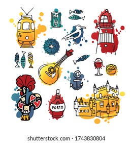 Set of Portugal national symbols. Yellow tram, lighthouse, fado guitar, Belem Tower, Rooster of Barcelos, seagull, pastel de nata cakes, port wine and sardines
