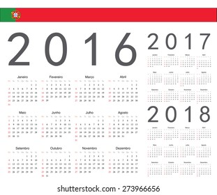 Set of Portuguese 2016, 2017, 2018 year vector calendars. Week starts from Sunday.