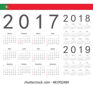 Set of Portuguese 2017, 2018, 2019 year vector calendars. Week starts from Sunday.