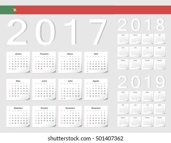 Set of Portuguese 2017, 2018, 2019 vector calendars with shadow angles. Week starts from Sunday.