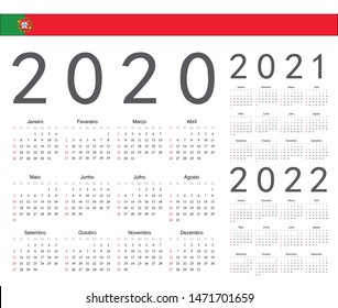 Set of Portuguese 2020, 2021, 2022 year vector calendars. Week starts from Sunday.