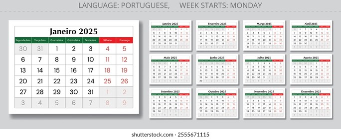 Set of PORTUGUESE calendar for 2025 year. Collection with paper monthly pages. Vector illustration for Portugal