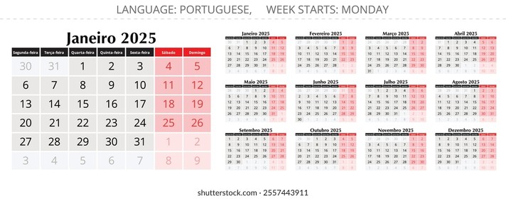 Set of PORTUGUESE calendar for 2025 year with 12 months. Vector collection set with stylish design illustration for Portugal