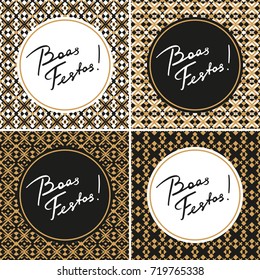 Set Portuguese Christmas cards. "Boas Festos" template for shopping sale banner, greeting card, holidays party invitation, rsvp prints, gift label and tags. Hand drawn modern lettering design.