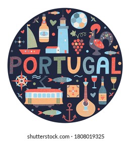 Set of portuguese elements in circle. Fado guitar, tram, tiles azulejo, port wine, sardines, lighthouse, ship, rooster.