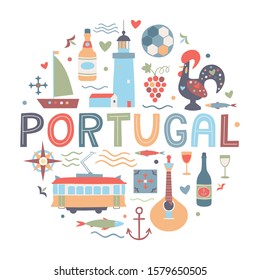 Set of portuguese elements. Fado guitar, tram, tiles azulejo, port wine, sardines, lighthouse, ship, rooster.