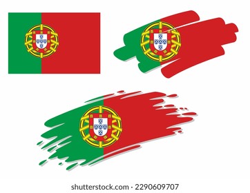 Set of portuguese flags, in different styles - correct, brush, marker and swoosh design. Represents the state of Portugal.