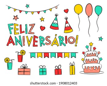 Set of portuguese Happy Birthday elements isolated on white background. Hand-drawn holiday elements, gifts, balloons, cake. Vector illustration for Portugal. Translation: Happy Birthday