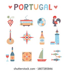 Set of portuguese icons. Fado guitar, tram, tiles azulejo, port wine, sardines, lighthouse, ship, rooster.