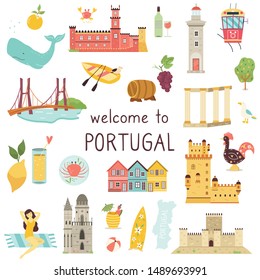 Set of Portuguese icons, landmarks, elements. Collection of objects of Portugal. Vector illustration