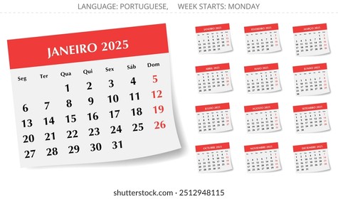 Conjunto de calendario mensual PORTUGUÉS para el año 2025. colección de Vector con ilustración de diseño elegante para Portugal