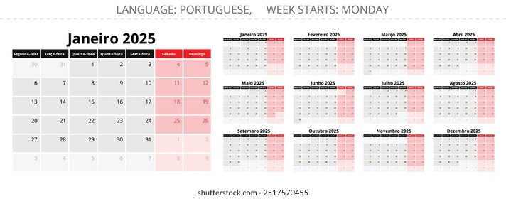 Conjunto de calendario mensual PORTUGUÉS para el año 2025. Conjunto de colección de Vector con ilustración de diseño elegante para Portugal