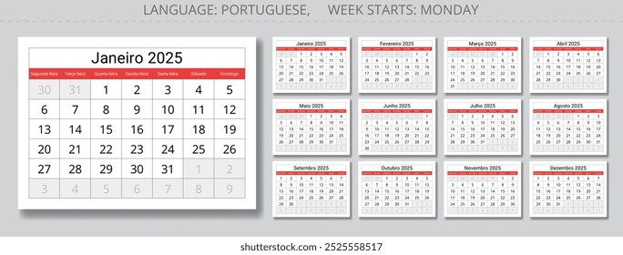 Set of PORTUGUESE monthly calendar for 2025 year. Vector collection set with paper page illustration for Portugal