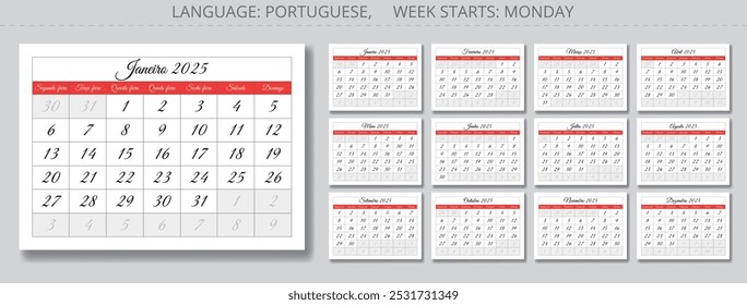 Set of PORTUGUESE monthly calendar for 2025 year. Vector collection set with paper page illustration for Portugal