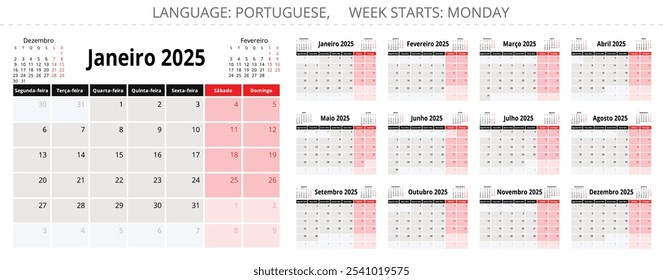 Set of PORTUGUESE monthly calendar for 2025 year. Vector collection set with design illustration for Portugal