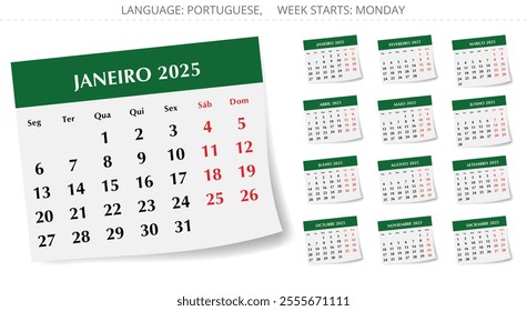 Set of PORTUGUESE monthly calendar for 2025 year. Vector collection with stylish paper design illustration for Portugal