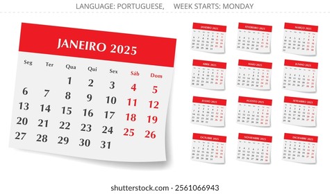 Set of PORTUGUESE monthly calendars for 2025 year. Vector collection with paper design illustration for Portugal