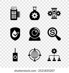 Definir terminal POS, Bioengenharia, Ampulheta e engrenagem, Controle remoto, Conceito de terceirização e ícone de gerenciamento de leads. Vetor