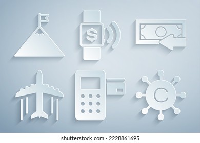 Set Pos terminal, Cash back, Plane, Copywriting network, Contactless payment and Mountains and flag icon. Vector