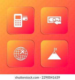 Set Pos terminal, Cash back, Globe with flying plane and Mountains and flag icon. Vector